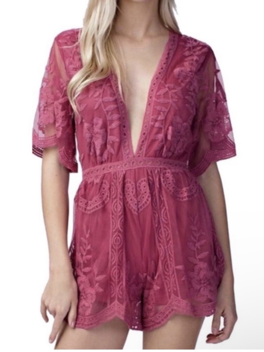 Honey Punch Rose Pink Embroidered V-Neck Romper